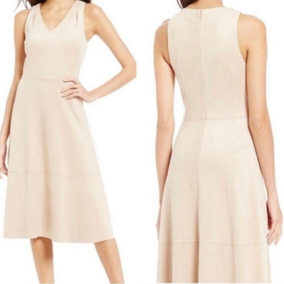 ANTONIO MELANI Dresses & Skirts - Antonio Melani Nude Faux Suede V- Neck Midi Sleeveless Formal Dress Sz 2